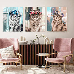 Картини за номерами триптих Кішки з вінками (BKT3962) 50 х 120 см