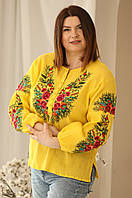 Стильна жіноча яскраво-жовта блуза з етнічною вишивкою квітами №341