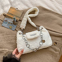 Пушистая женская сумка, белая с цепью, сумочка на плечо, на каждый день / FS-2305