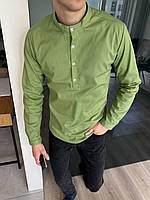 Мужская летняя рубашка льняная зеленая с длинным рукавом, Классическая зеленая рубашка из льна воротник trek
