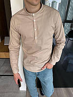 Мужская летняя рубашка льняная бежевая с длинным рукавом, Классическая бежевая рубашка из льна воротник trek