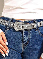 Ремінь пояс у2к зі стразами Стильний сріблястий блискучий жіночий ремінь для джинсів