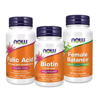 NOW Набір вітамінів NOW FEMALE BALANCE + NOW ФОЛІЄВА КИСЛОТА + NOW БІОТИН 1000 мкг