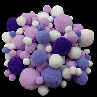 Помпоны 1-3 см для творчества (приблизительно 105-115 шт), белый, сиреневый, фиолетовый