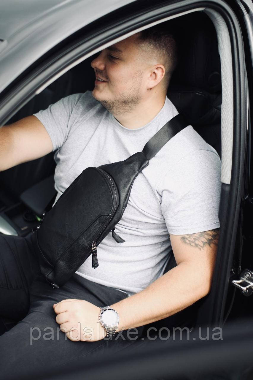 Сумка слінг шкіряна, чоловіча барсетка через плече (чорна)