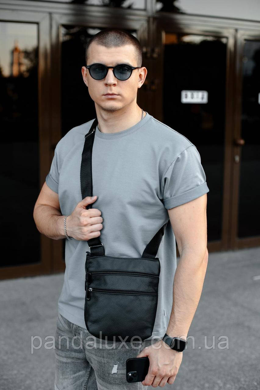 Сумка мессенджер через плече, чоловіча барсетка із натуральної шкіри (чорна)