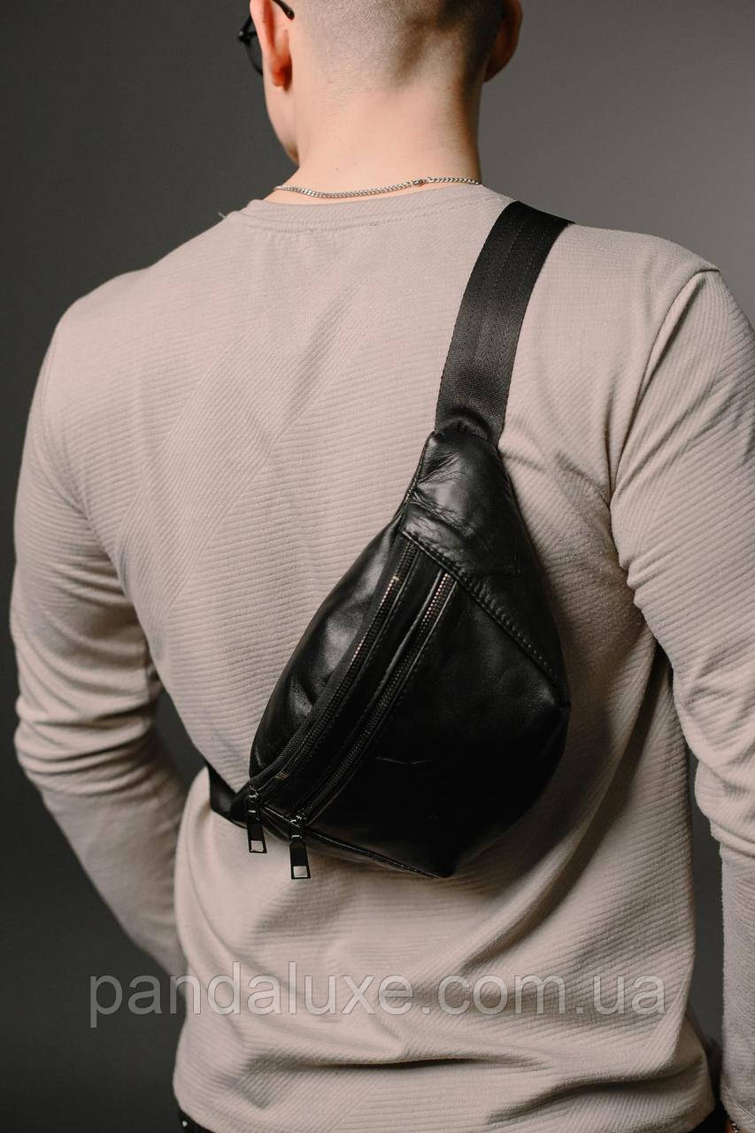 Чоловіча поясна сумка чорна, бананка на пояс з натуральної шкіри