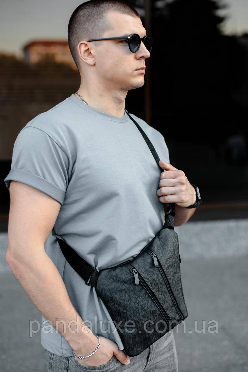 Сумка слінг шкіряна, чоловіча барсетка через плече (чорна)