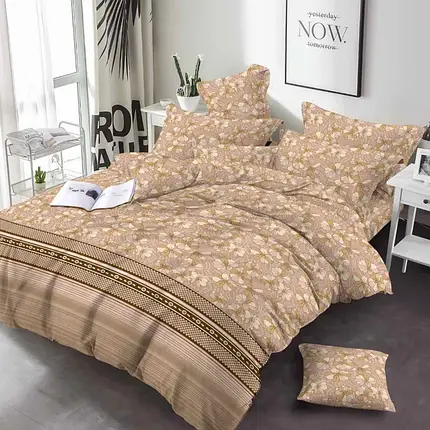Бежева постільна тканина 220 см, бавовняна набивна Бязь Gold Lux 125 г квітковий візерунок, у рулоні 50 м, Пакистан, фото 1