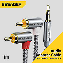 Кабель аудіо Essager 90° Aux Jack 3.5mm to RCA кутовий, стерео 2RCA, Grey, 1м