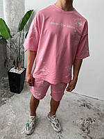 Мужской летний костюм оверсайз Футболка + Шорты розовый с принтами Спортивный костюм на лето (G)