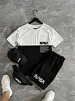 Мужской летний костюм Nasa Футболка + Шорты + Кепка + Барсетка в подарок белый с черным комплект Наса (B)