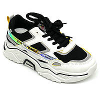 Жіночі шкіряні кросівки білого кольору з чорними вставками на шнурівці EL PASSO KY19AW-5 розмір 36