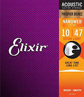 Струни для акустичної гітари Elixir Nanoweb Extra Light Phosphor Bronze (10-47)