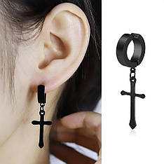 Модна сережка-кліпса з хрестом 1 шт. на одне вухо без проколу чорна