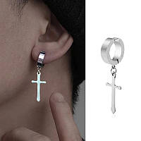 Модная серьга-клипса с крестом 1 шт. на одно ухо без прокола серебристая
