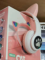 Бездротові рожеві блютуз навушники Котячі Вушка з лапками LED.