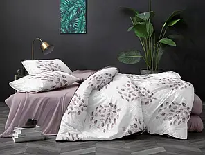 Тканини компаньйони 220см для постільної білизни Бязь Gold Lux сіра та бузкова з принтом велике листя (A+B)(50 м+50 м) Пакистан, фото 1