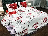 Светлая ткань для постельного белья, белая Бязь Gold Lux красный принт сердечки и надписи I love you (40м)