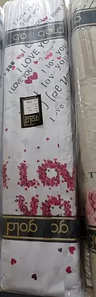 Постільна тканина 220 см для весільних комплектів, біла Бязь Gold Lux червоний принт сердечка та написи I love you, у рулоні 50 м, фото 3
