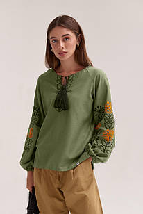 Вишиванка жіноча "Соняшники" хакі, лляна вишита блузка XL
