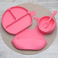 Набор детской посуды для прикорма силиконовой из 4 предметов, Силиконовая посуда для детей Серый Розовый
