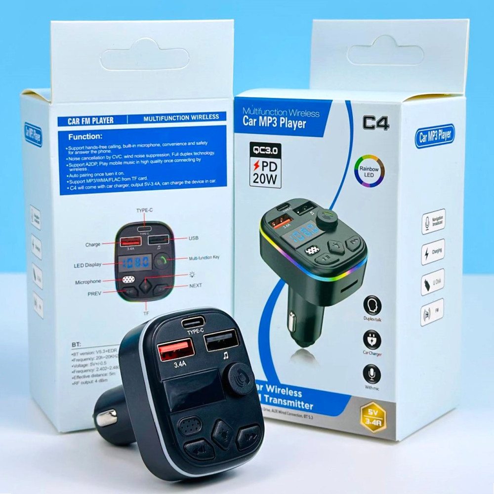 FM-модулятор C4 Car FM Player 2хUSB + Type C Bluetooth, PD20W+QC3.0 Трансмітер