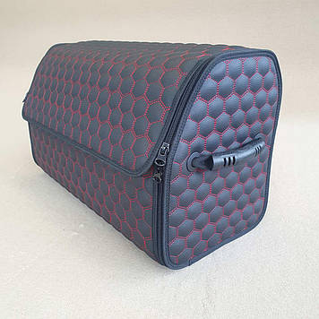 Саквояж-органайзер у багажник 500х340х250мм Чорний шкірзам/черв.сота 2від./пласт.ручки/лип+перемичка