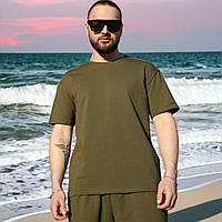 Мужская зеленая футболка оверсайз однотонная стильная летняя фирменная брендовая повседневная