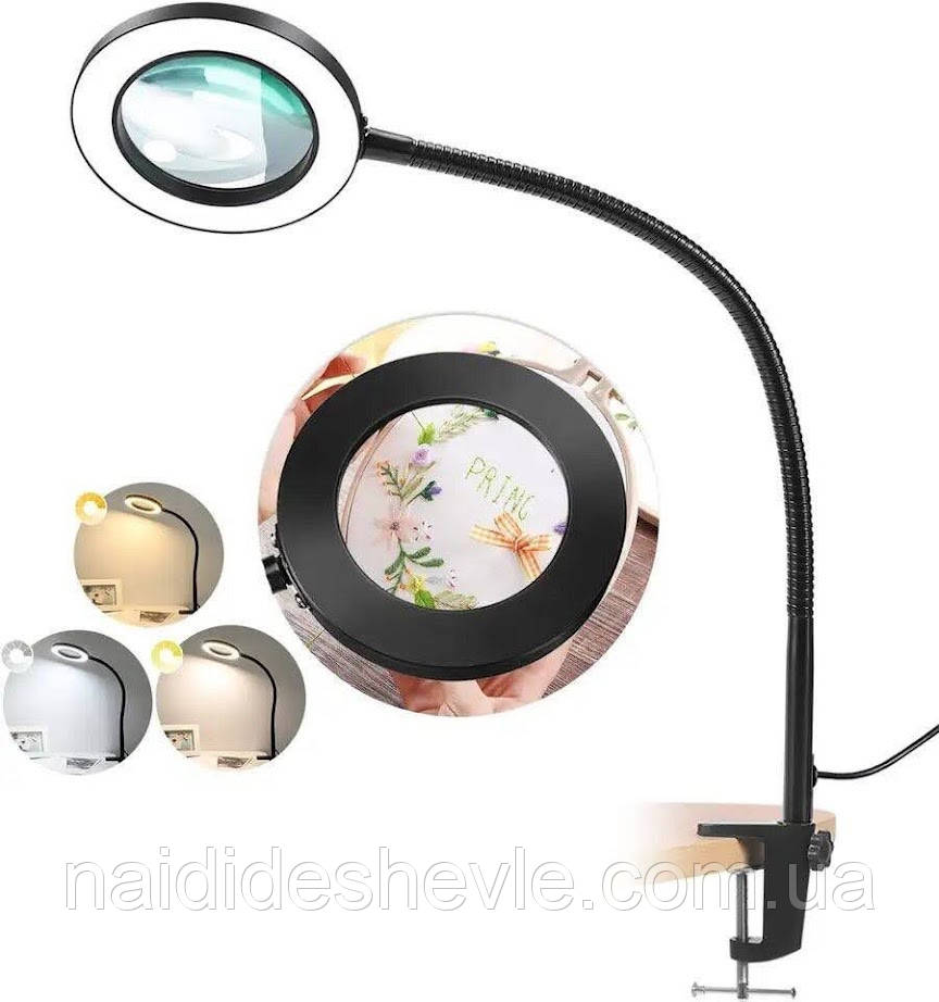 Гнучка настільна лампа-лупа (лінза) FS-059 з підсвічуванням, на струбцині + USB, 12 Вт - для освітлення