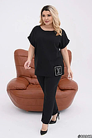 Женский брючный прогулочный костюм черный удобный с удлиненной блузкой большого размера 50-64. 107779