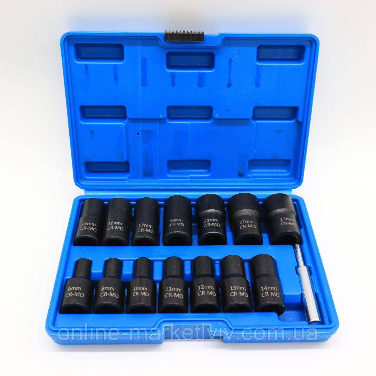 Набір ударних головок 14 шт, 6-23мм, CR-MO, у кейсі / Набір головок торцевих ударних / Головки ударні, фото 1