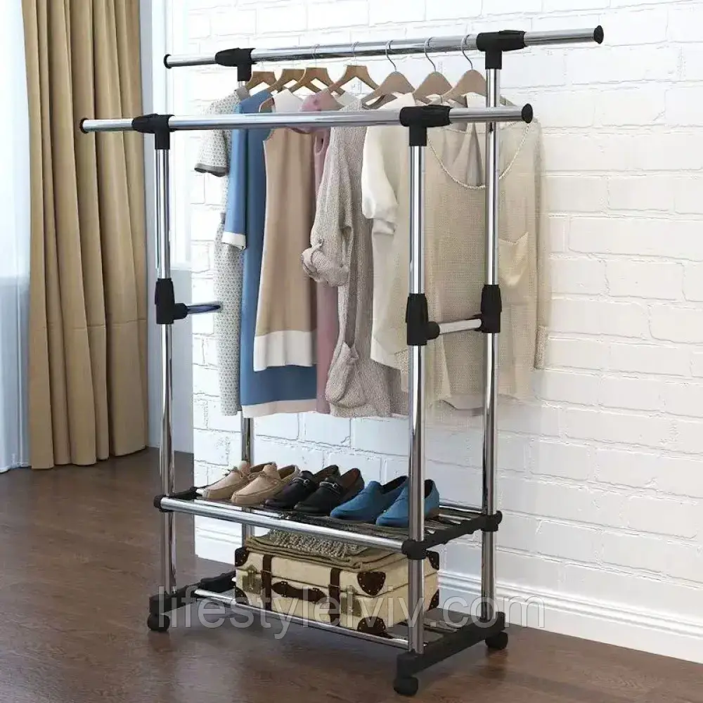 Вішалка для одягу (155x76x42 см) Double Pole 8019-2F / Підлогова вішалка стійка з двома полицями, фото 1