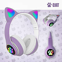 Беспроводные Bluetooth наушники с кошачьими Ушками Cat STN-28 с микрофоном и LED RGB подсветкой Фиолетовые