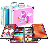 Чемодан для детского творчества Единорог в чемодан кейсе на 145 предметов художник. Розовый