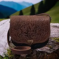 Кожаная женская сумка через плечо карпатская в этно стиле коричневая