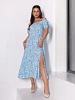 Біло-блакитна бавовняна сукня з розрізом, розмір XL
