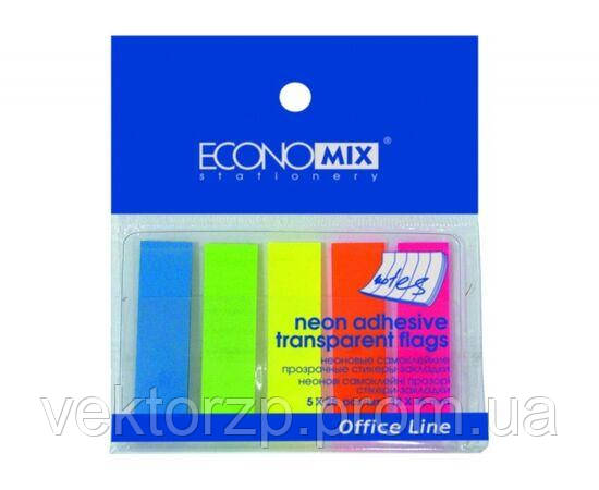 Закладки з клейким шаром 12х45 мм Economix 125шт пластикові напівпрозорі 5 неонових кольорів Е20945