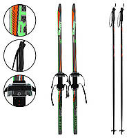 Лыжи беговые подростковые в комплекте с палками Zelart SK-0881-150B цвет черный-салатовый-оранжевый sm