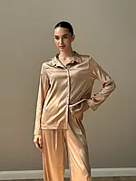 Женский комплект атлас рубашка и штаны бежевый Атласная пижама женская Пижама летняя Домашняя одежда для дома M