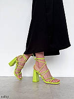 Стильные женские зелёные босоножки на каблуке Летние Эко-кожа Лето