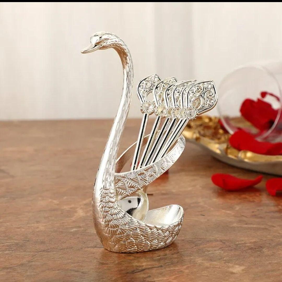 Набір із 6 ложок з підставкою у вигляді лебедя срібний, фото 1