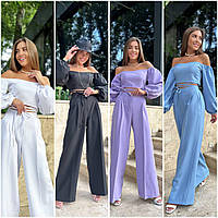 Женский стильный летний прогулочный костюм (топ + брюки): 42-44, 44-46 - черный, голубой, фиолетовый, белый.