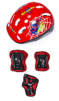 Защитный комплект (защита на колени, локти, ладони + шлем), рисунок "Спайдермен". Красный цвет