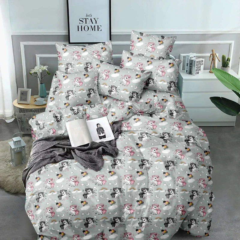 Дитяча тканина 220 см для постільної білизни, набивна бавовняна Бязь Gold Lux малюнок єдиноріжки на сірому, у рулоні 50 м