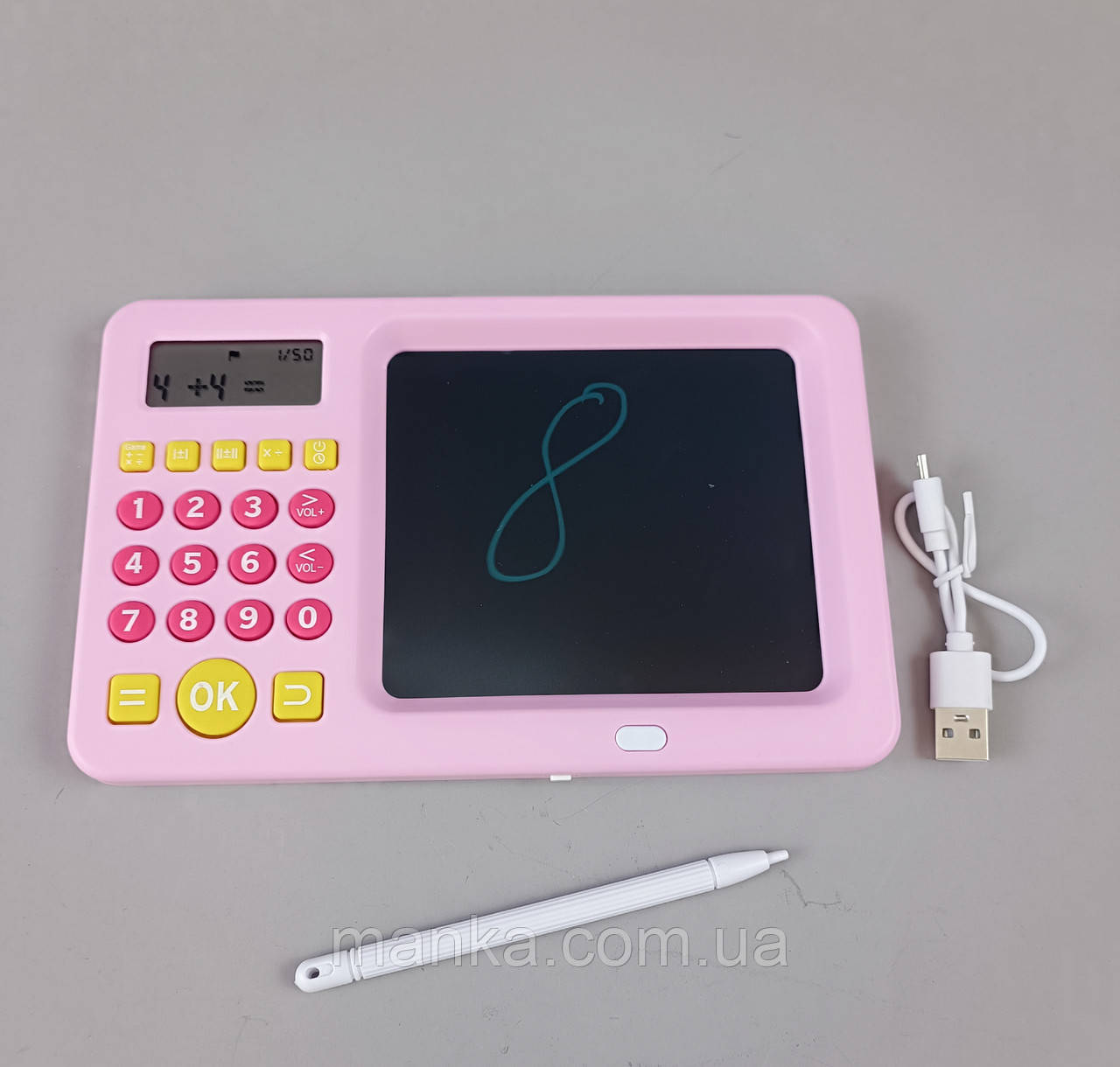 Планшет для рисования LCD з калькулятором C0067U рожевий розвиваючий графічний планшет для малювання 2в1, фото 1
