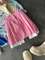 Женская мини юбка с белыми вставками (подкладкой) сзади на резинке льняная 42/44, Розовый