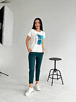 Женский прогулочный лёгкий качественный костюм двойка футболка с принтом и однотонные брюки прямого кроя