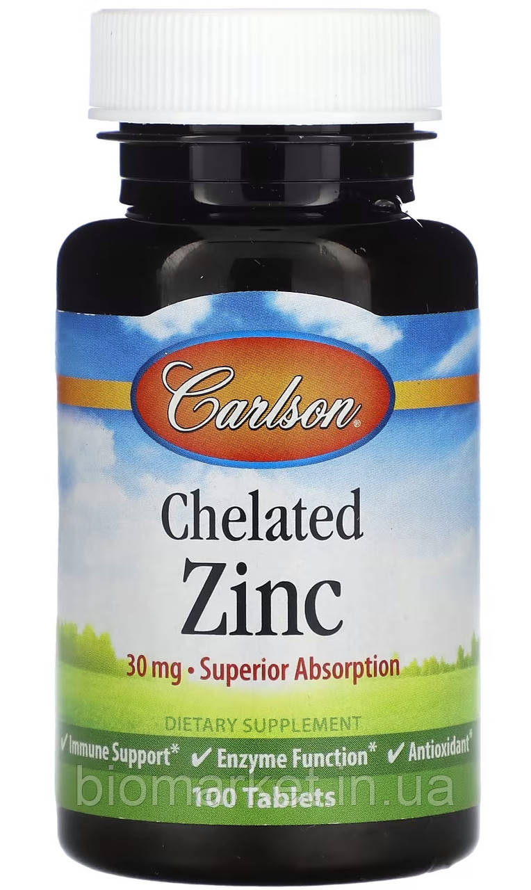 Цинк хелатный (Chelated Zinc) 30мг. 100таб. "Carlson Labs" зміцнює імунітет людини.