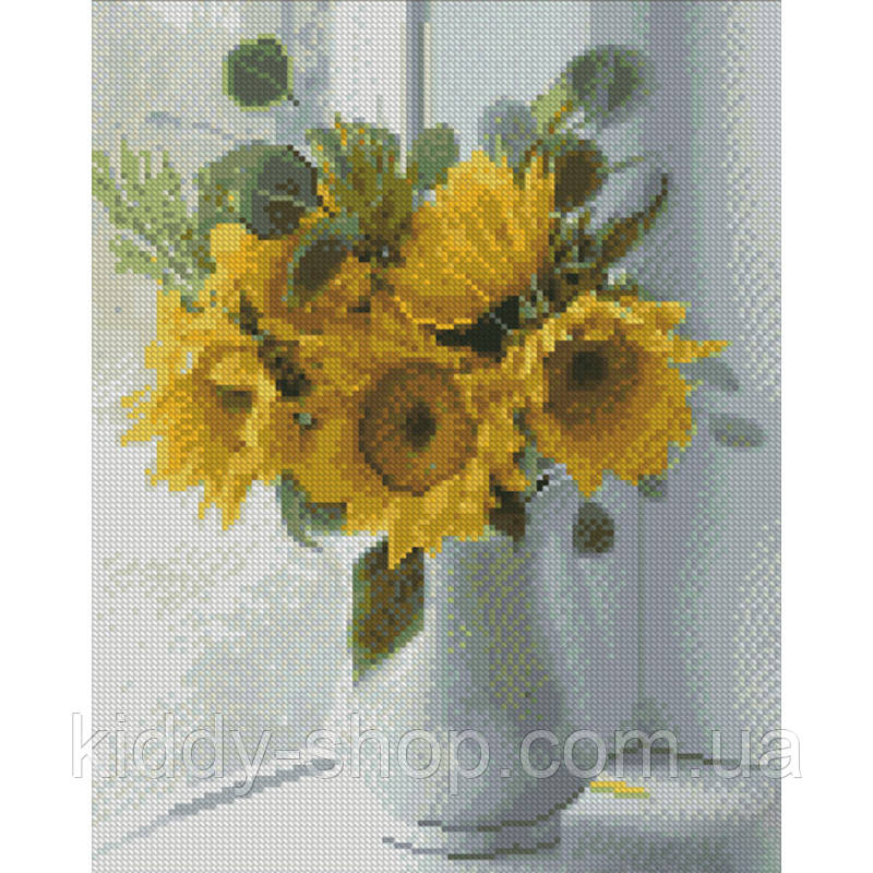 Діамантова вишивка. Картина на підрамнику Преміум Яскраві соняшники в вазі, розмір 40x30 см, фото 1